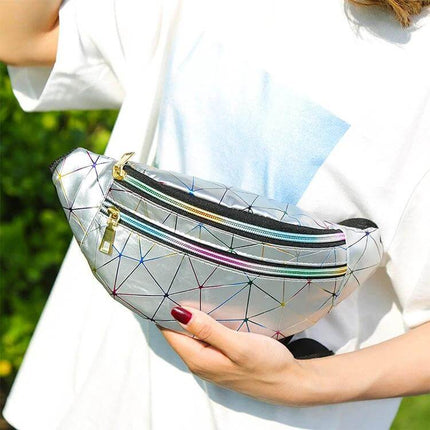 Laser Pattern PU Leather Waist Bag Black For Everyday Use showing compact black laser-patterned PU leather waist bag worn across body with dual zip pockets