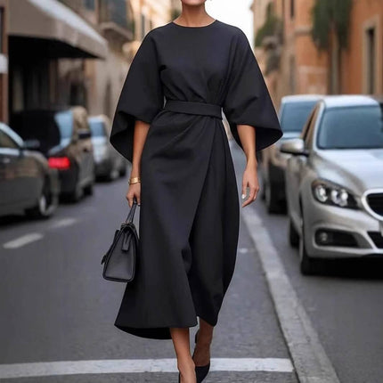Loose Batwing Sleeve Belted Dress For Everyday Casual Wear in black polyester with detachable belt, batwing sleeves and street-style silhouette