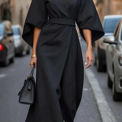 Loose Batwing Sleeve Belted Dress For Everyday Casual Wear in black polyester with detachable waist belt and wide batwing sleeves, street-style look