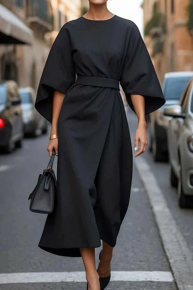 Loose Batwing Sleeve Belted Dress For Everyday Casual Wear in black polyester with detachable waist belt and wide batwing sleeves, street-style look