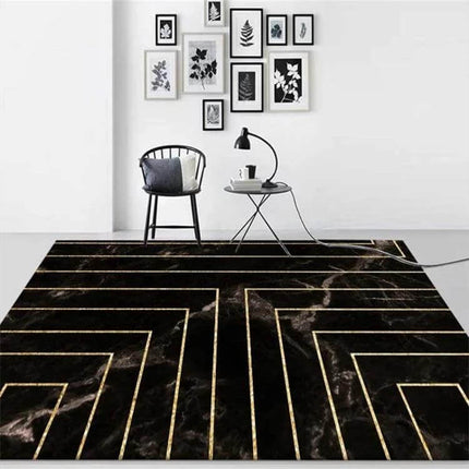 Marble Texture Rug For Living Room Rectangular Home Decor - black marble rectangular rug with gold geometric lines under coffee table and chair