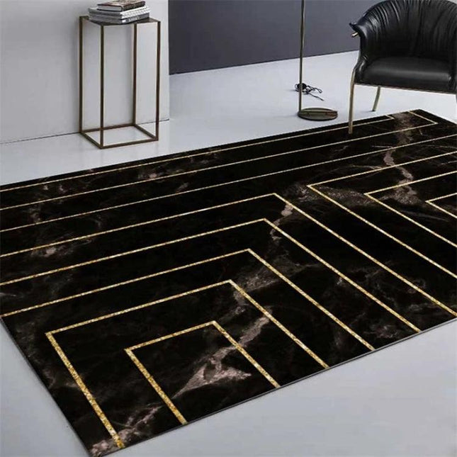 Marble Texture Rug For Living Room Rectangular Home Decor - black marble pattern rug with gold geometric lines under coffee table