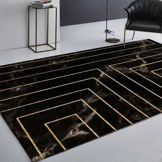 Marble Texture Rug For Living Room Rectangular Home Decor black marble design with gold geometric lines under coffee table