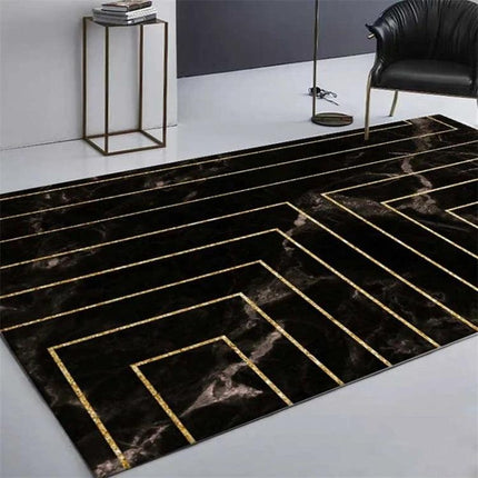 Marble Texture Rug For Living Room Rectangular Home Decor black marble-look rug with gold geometric lines under coffee table