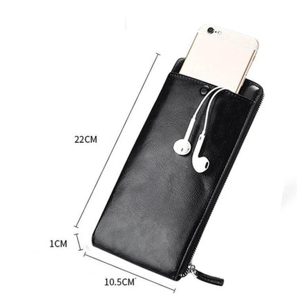 Men's Long Leather Wallet With Zipper Phone Bag Black — slim black leather wallet with external phone pocket, zipper closure, card and cash slots (10.5x22x1 cm)