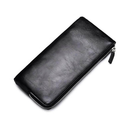 Men's Long Leather Wallet With Zipper Phone Bag Black slim soft leather long wallet with external phone slot and zipper closure