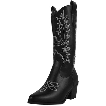 White Mid Heel Western Cowboy Boots With High Shaft black embroidered pointed-toe boot with microfiber upper, leather lining and slip-resistant rubber sole
