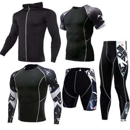 Sportswear Milk Silk Quick-Dry Running Suit For Everyday Use - black hooded jacket, short sleeve top, long sleeve top, shorts and leggings set
