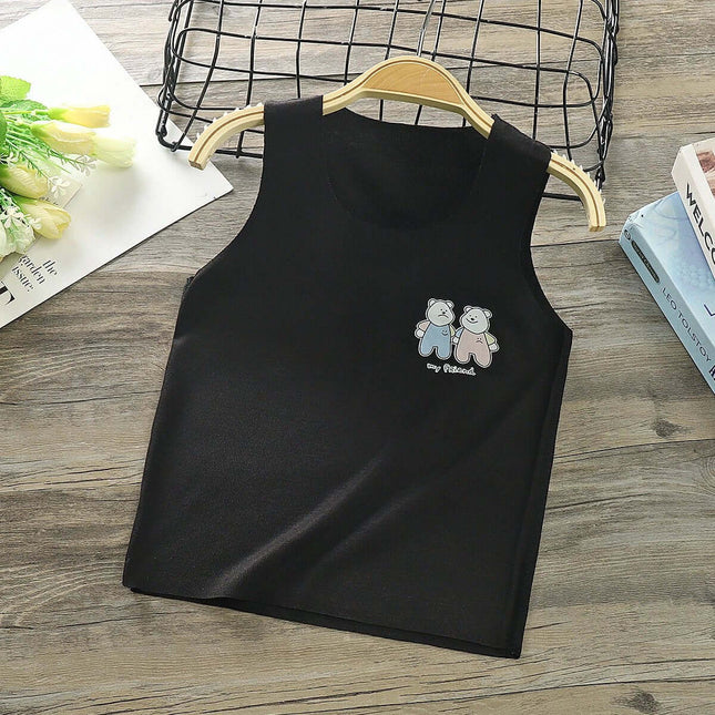 Modal Kids Vest Camisole For Summer Everyday Wear - black sleeveless modal top with small twin bear cartoon print for 1–3 year olds
