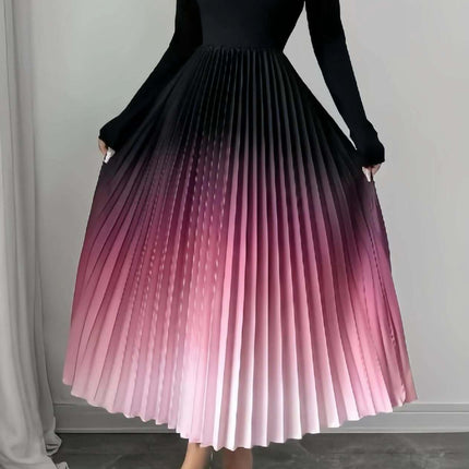 Ombre Patchwork Maxi Dress With Elastic Waist In Black - black long-sleeve bodice with pleated ombre pink-to-black floor-length skirt, elastic waist, A-line silhouette