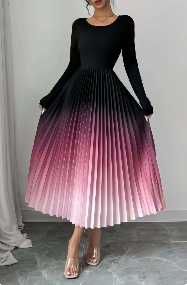Ombre Patchwork Maxi Dress With Elastic Waist In Black - black long-sleeve bodice with pleated ombre pink-to-black floor-length skirt, elastic waist, A-line silhouette