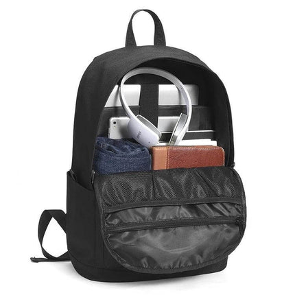 Oxford Laptop Backpack for Work, Study, and Travel - black Oxford fabric backpack open showing laptop, headphones, tablet, books and organized compartments