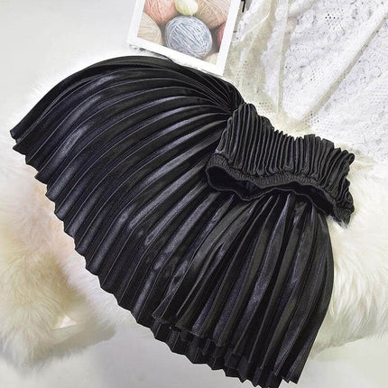 Pleated Satin Skirt, High Waist For Spring And Summer in glossy black polyester with stitched pleats and elastic high waist