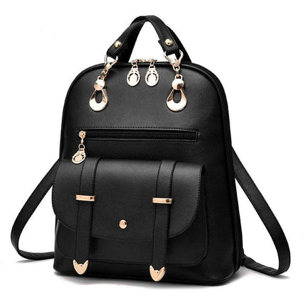 PU Leather Convertible Womens Backpack For Daily Use - black convertible PU leather backpack with front pocket, gold hardware, adjustable straps