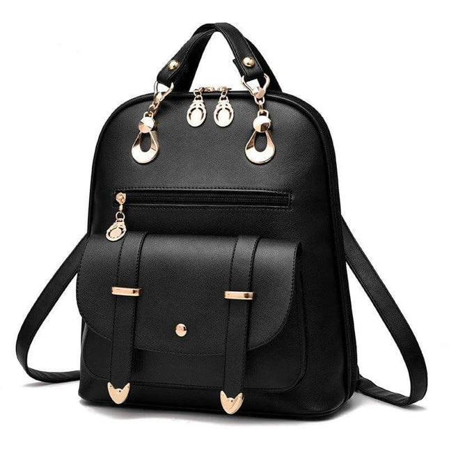 PU Leather Convertible Womens Backpack For Daily Use - black convertible PU leather backpack with front pocket, gold hardware, adjustable straps