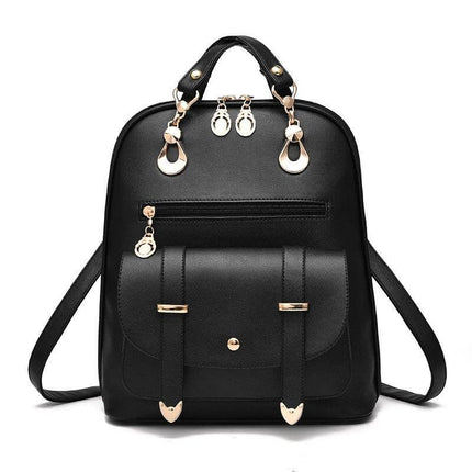 PU Leather Convertible Womens Backpack For Daily Use - black PU leather convertible backpack with front pocket, gold hardware, top handle and adjustable straps