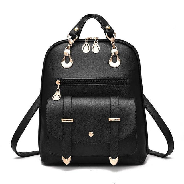 PU Leather Convertible Womens Backpack For Daily Use - black PU leather convertible women's backpack with front pocket and gold hardware