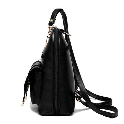 PU Leather Convertible Womens Backpack For Daily Use - black side view, adjustable straps, zipper pockets, commuter and travel bag