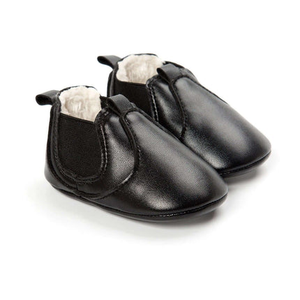PU Leather Newborn Baby Walker Shoes For Soft Everyday Wear - black slip-on soft PU leather crib shoes with padded interior for infants