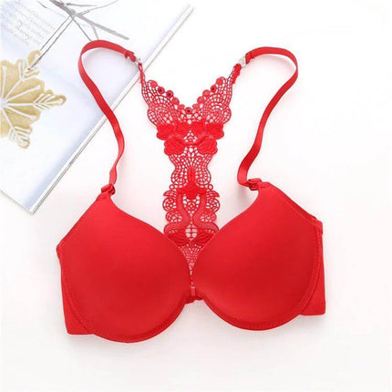 Push Up Front Closure Bra With Y Back For Everyday Wear Black - red lace Y-back push-up bra with front closure, smooth under T-shirts, polyester support