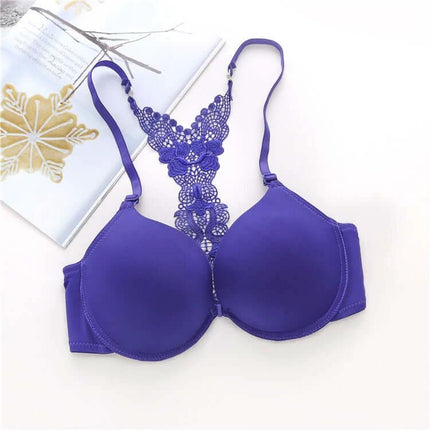 Push Up Front Closure Bra With Y Back For Everyday Wear Black - purple lace Y-back push-up bra, front closure, smooth cups