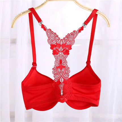 Push Up Front Closure Bra With Y Back For Everyday Wear Black - red bra with lace Y-back, front closure and underwire support