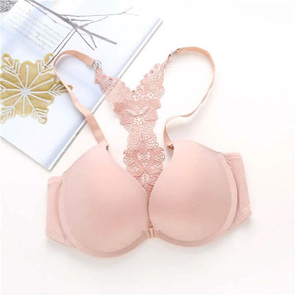 Push Up Front Closure Bra With Y Back For Everyday Wear Black - nude lace Y-back front closure bra, smooth T-shirt cup, underwire push-up