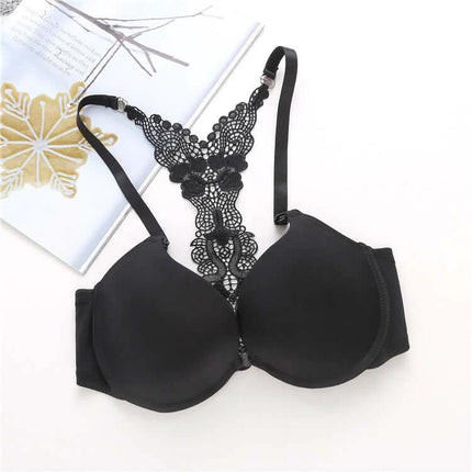 Push Up Front Closure Bra With Y Back For Everyday Wear Black - black lace Y-back push-up bra with front closure and smooth cups