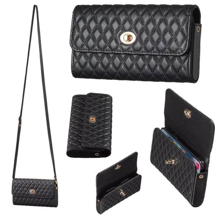 Crossbody PU Horizontal Bag for Large Capacity Everyday Essentials black quilted PU leather clutch with long strap, turn-lock closure, multiple interior card pockets