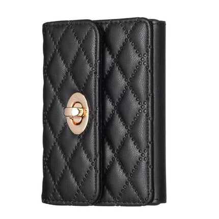 Phone Back Card Holder With Metal Buckle Thin And Lightweight - black quilted PU leather card wallet with gold metal buckle, slim adhesive phone case pocket