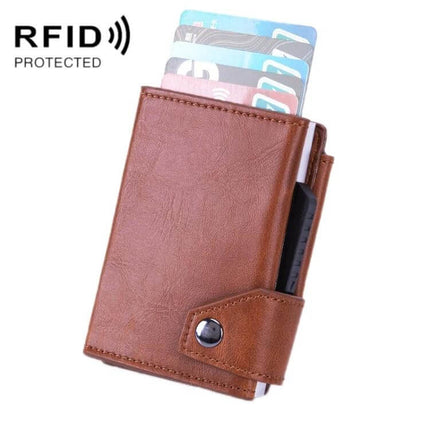 RFID Anti Theft Card Wallet With Pop Up Holder Black compact PU exterior anodized aluminum frame holds 5–6 cards and IDs, RFID protected