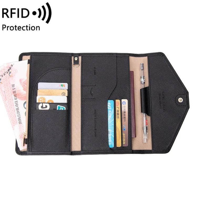 RFID Passport Bag With Anti Theft For Travel Black slim PU travel organizer holding passport cards cash and pen