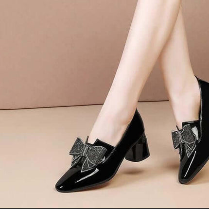 Rhinestone Bow High Heel Pumps In Black For Evening Wear - pointed-toe slip-on with rhinestone bow and mid heel for weddings, cocktails, and date nights