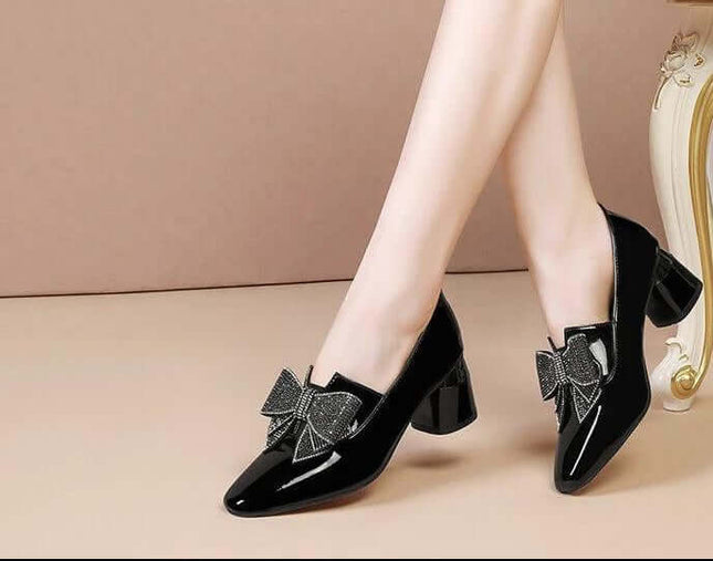 Rhinestone Bow High Heel Pumps In Black For Evening Wear - pointed-toe slip-on with rhinestone bow and mid heel for weddings, cocktails, and date nights