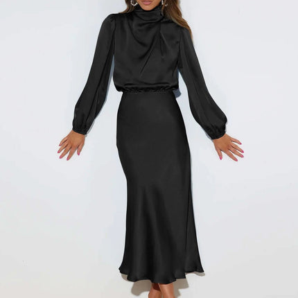 Black satin halterneck mid-length dress with long lantern sleeves and stitched patchwork skirt - Satin Halterneck Mid Length Dress With Long Sleeves For Evening
