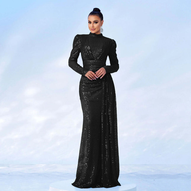 Sequined Banquet Dress Long Sleeve for Evening Events black long-sleeve sequined gown with hip-skirt silhouette for weddings and galas