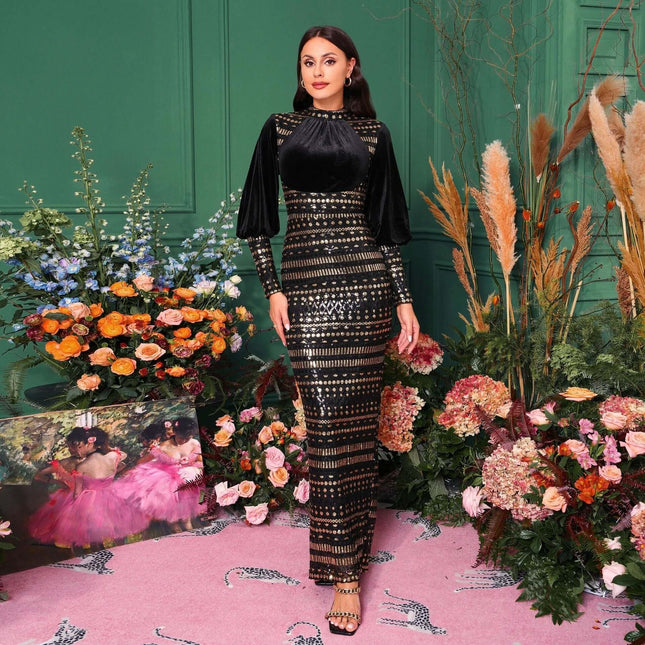 Long Sleeve Round Neck Sequined Slit Evening Dress Black modeled in floral backdrop, high-waist silhouette with subtle sequined shine