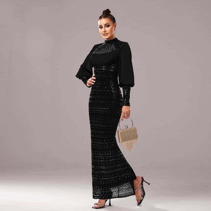 Long Sleeve Round Neck Sequined Slit Evening Dress Black, high-waist black sequin evening gown with long sleeves and side slit for gala or wedding