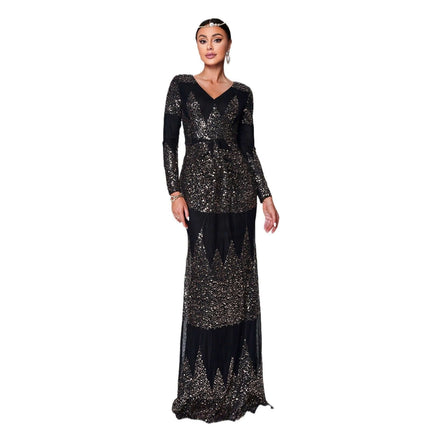 Alt Tag: Black Sequined V-Neck Long-Sleeve Evening Dress, Size M — black polyester long hip-skirt gown with subtle shimmer and long sleeves