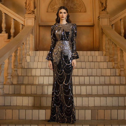 Sequined Evening Dress For Formal Events, Black Silver - long black polyester gown with silver sequins, high waist and long sleeves for weddings and galas