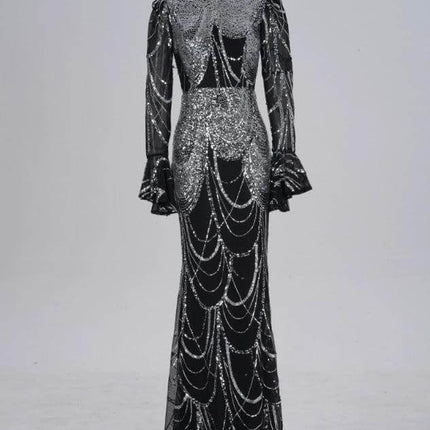 Sequined Evening Dress For Formal Events, Black Silver — long black polyester gown with silver sequins, high waist, long sleeves, beaded drape detailing