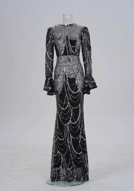 Sequined Evening Dress For Formal Events, Black Silver — long black polyester gown with silver sequins, high waist, long sleeves, beaded drape detailing