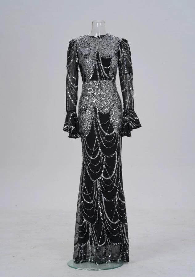 Sequined Evening Dress For Formal Events, Black Silver — long black polyester gown with silver sequins, high waist, long sleeves, beaded drape detailing