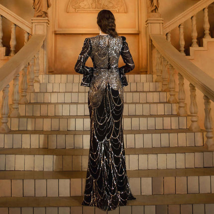 Sequined Evening Dress For Formal Events, Black Silver - back view long-sleeve high-waist sequined evening gown on staircase