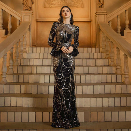 Sequined Evening Dress For Formal Events, Black Silver - black polyester long-sleeve high-waist gown with silver sequin draping for weddings and galas