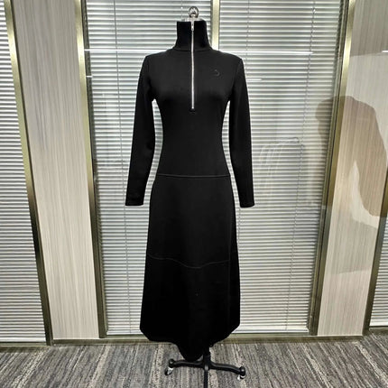Stand Collar Casual Midi A Line Dress In Black For Everyday Wear on mannequin with long sleeves, zip front and denim-style seam details