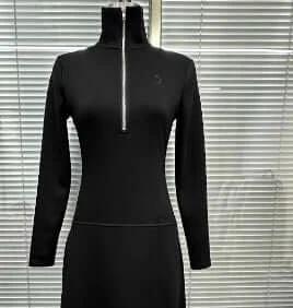 Stand Collar Casual Midi A Line Dress In Black For Everyday Wear - black long-sleeve pullover midi with stand collar, zip front, A-line skirt, denim-style seams