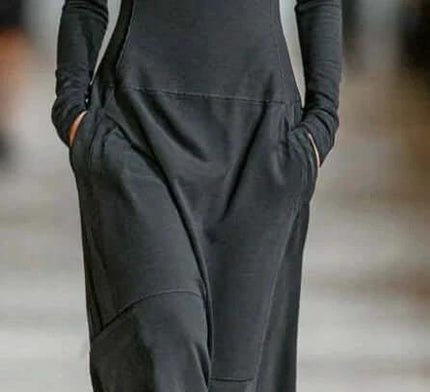 Stand Collar Casual Midi A Line Dress In Black For Everyday Wear - black long-sleeve pullover with A-line skirt, visible seam patchwork and side pockets for errands or office-casual