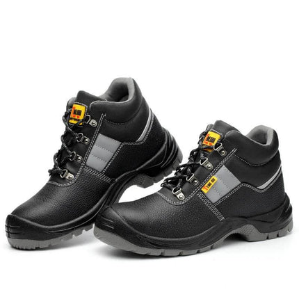 Safety Work Shoes With Steel Toe Cap For Daily Work - black cowhide two-layer upper, polyurethane sole, puncture and slip resistant, breathable for long shifts