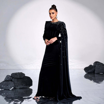 Black Velvet Round Neck Long Sleeve Rhinestone Evening Dress in velvet with subtle rhinestone shoulder drape, elegant evening look